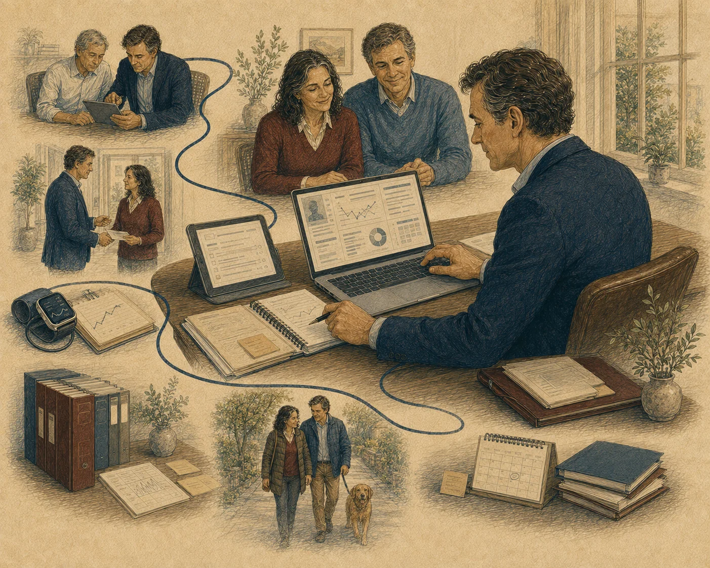 A physician prepares structured follow-up reporting from medical records and monitoring data while supporting the family over time.