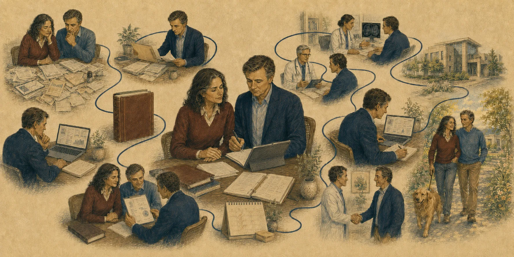 A continuous medical coordination pathway from scattered records and consultations to structured follow-up and ongoing family support.
